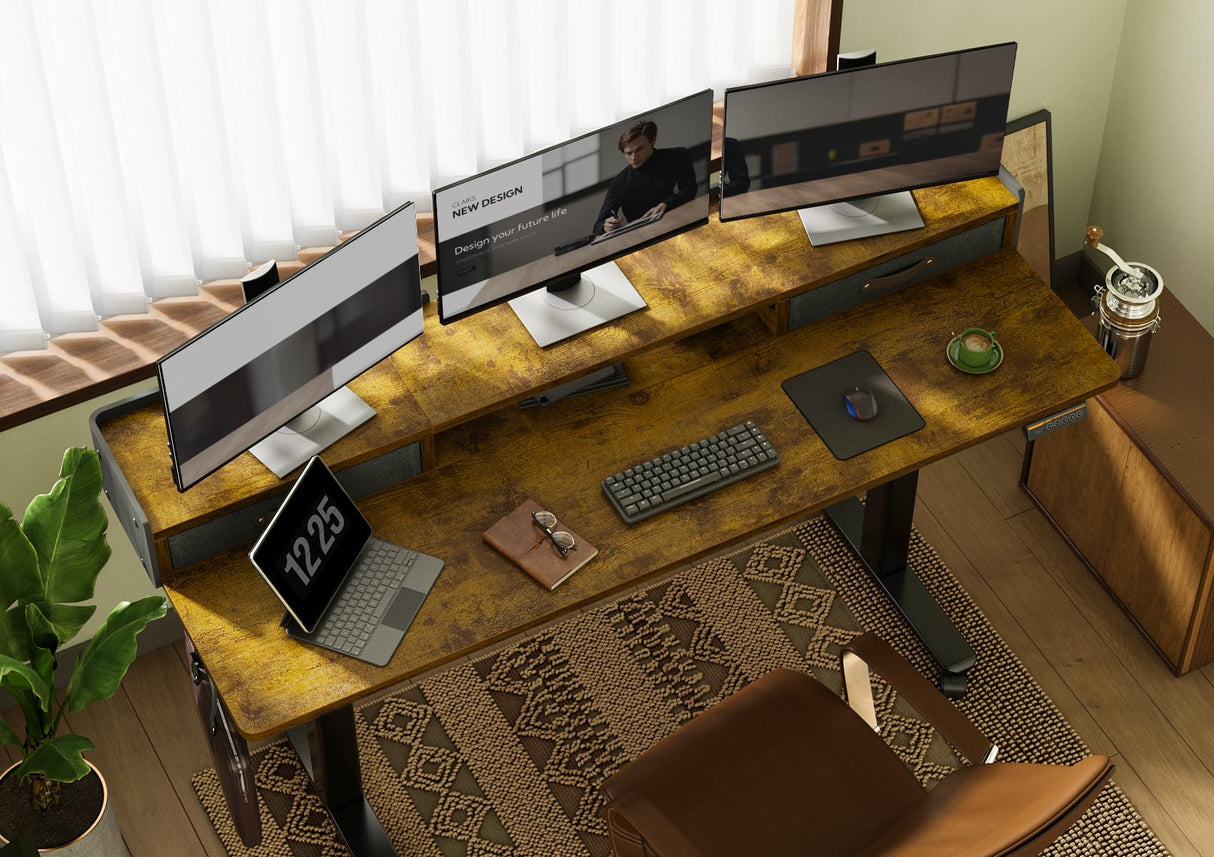 Claiks Standing Desk with Drawers, Adjustable Stand Up Electric Standing Desk Adjustable Height, Sit Stand Desk with Storage Shelf and Splice Board, 63 Inch, Rustic Brown Claiks