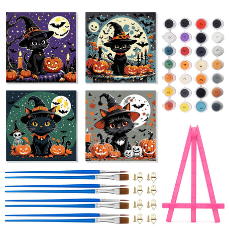 Vodolo 4 Pack Halloween Paint by Numbers Cat with Frame,Easy DIY Halloween Painting Kit Vodolo