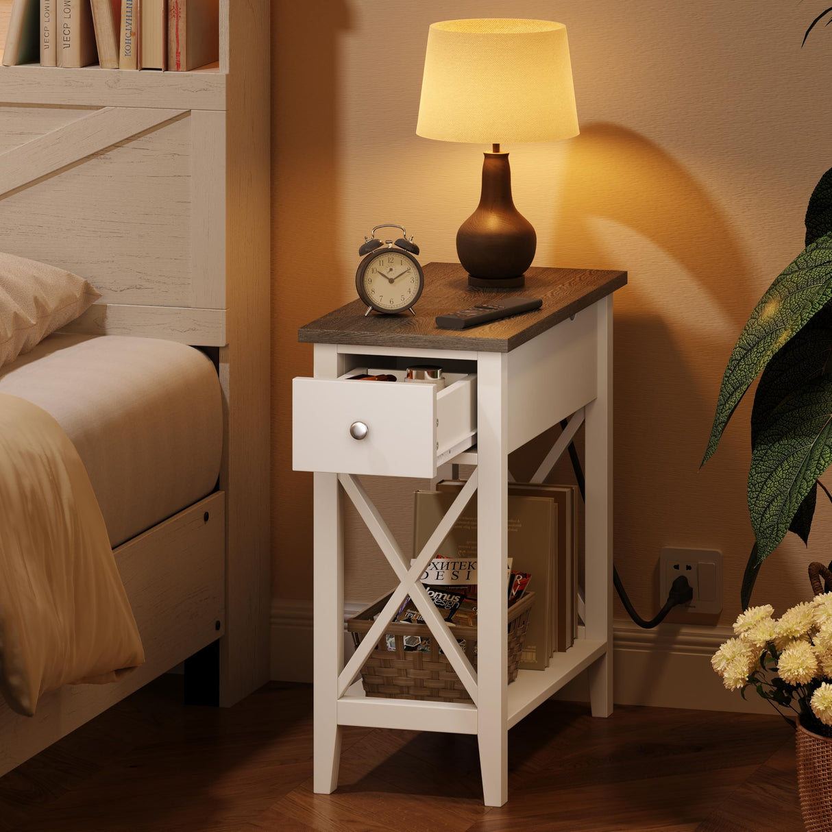 ChooChoo Farmhouse End Table with Charging Station, Accent Small Side Table Nightstand for Living Room, Bedroom, and Small Spaces - Soft White ChooChoo