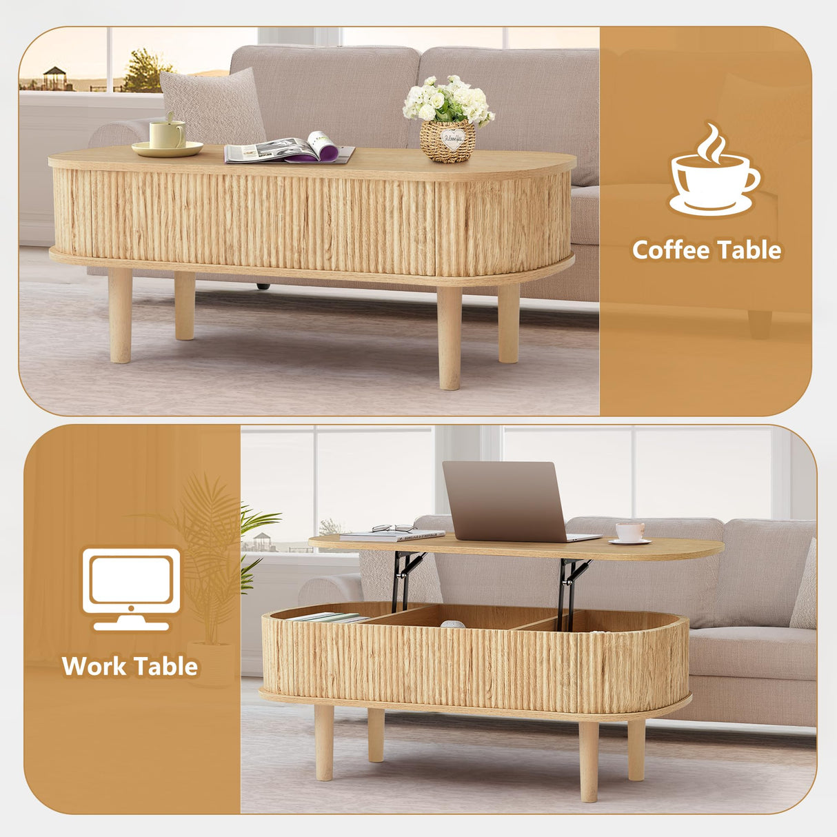 Fluted Lift Top Coffee Table with Hidden Compartment, Fully Assembled Wooden Center Table, Modern Oval Lift Tabletop for Home Living Room Office, Natural ORRD