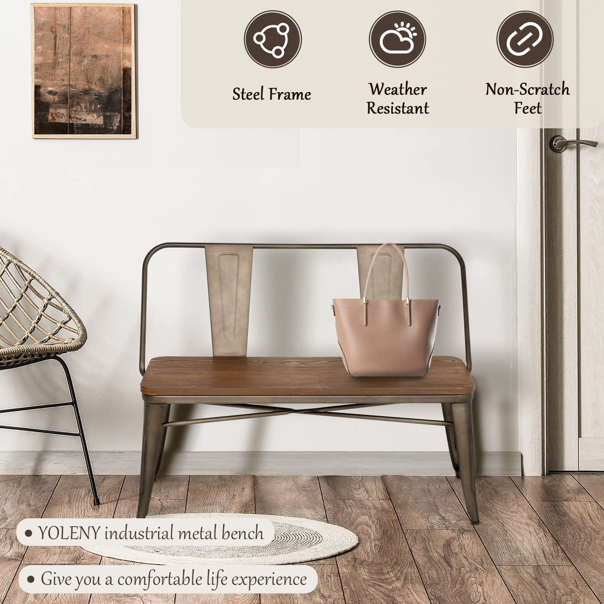 YOLENY Dining Bench, Entryway Bench with Back, Farmhouse Metal Dining Bench, Industrial Mid-Century 3 Person Rustic Spindle Bench, with Wood Seat, Removable Backrest, 42in, Bronze YOLENY