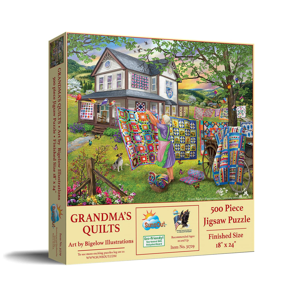 SUNSOUT INC - Grandma's Quilts - 500 pc Jigsaw Puzzle by Artist: Bigelow Illustrations - Finished Size 18" x 24" - MPN# 31729 SunsOut