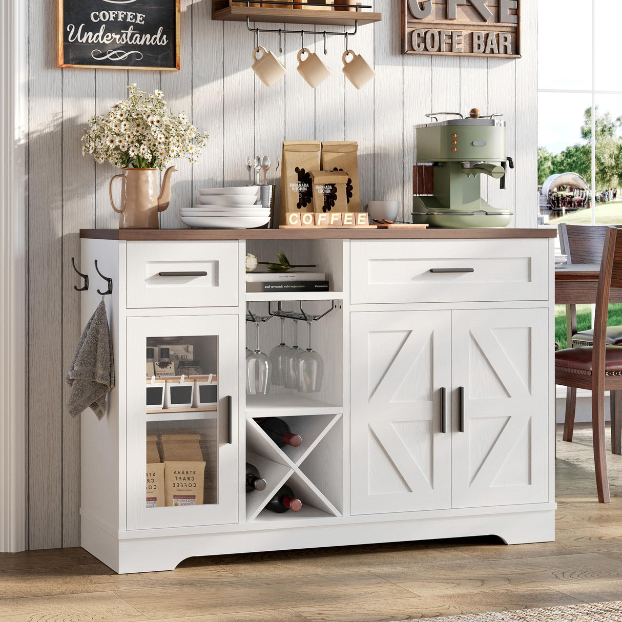 ANCTOR Coffee Bar Wine Cabinet, 47.3" Farmhouse Coffee Bar Cabinet with Glass Holders, Wine Bar Cabinet with 2 Drawers, Racks for Liquor, Wooden Sideboard for Dining Room, Living Room, White ANCTOR