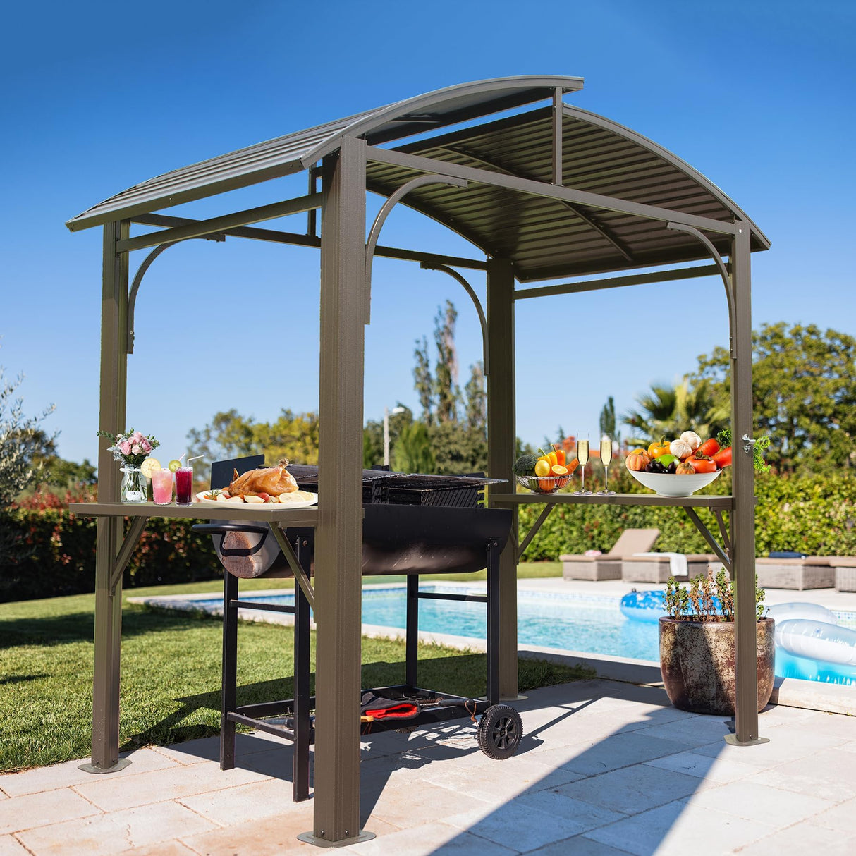 8x5 Grill Gazebo, Outdoor BBQ Gazebo with Double Galvanized Steel Roof, Barbeque Hardtop Grill Gazebo with 2 Side Shelves and Bottle Opener, Metal Grilling Gazebo for Patio, Garden, Backyard (Brown) BNSPLY