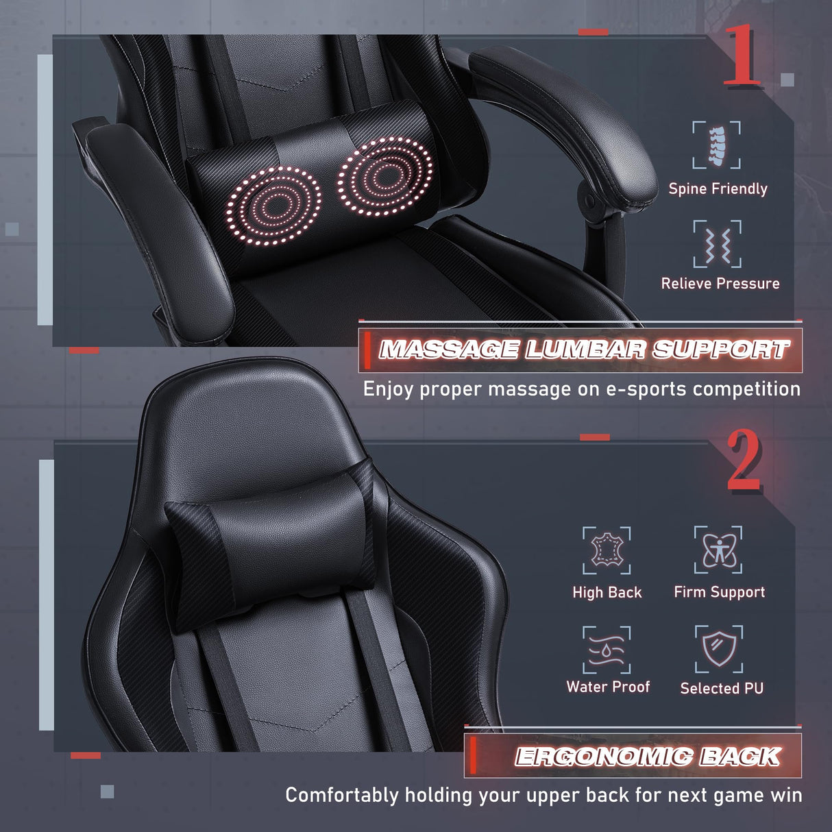 Furmax Gaming Chair, Video Game Chair with Footrest and Massage Lumbar Support, Swivel Seat Height Adjustable Computer Chair with Headrest, Racing E-Sport Gamer Chair (Black) Furmax