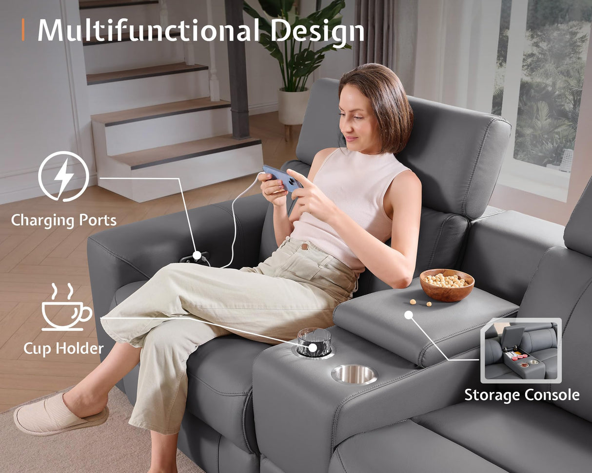 AMERLIFE Power Recliner Sofa, Electric Reclining Sofa with Console & Dual Recliner, Leather Sectional Couch for Living Room, Grey AMERLIFE