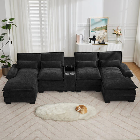 125'' U Shaped Cloud Modular Sofa with Chaise Lounges, Chenille Upholstered Comfy Sectional Couch with Storage Console, USB Charging Ports & Cup Holders, Modern Deep Seat Sofa for Living Room, Black WUTUTUEE