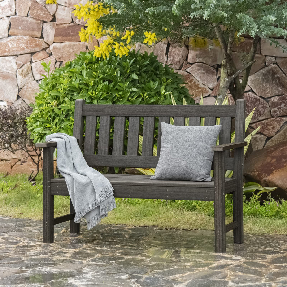 ACUEL Dark Brown 2-Person Outdoor Garden Bench – Durable Poly Lumber Patio Furniture ACUEL