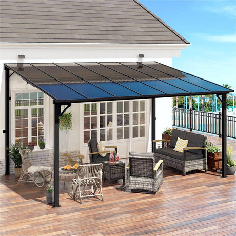MEISSALIVVE 10' x 14' Pergola with Sloped Roof, Lean to Metal Awning for Outdoor Patio, Deck, Black MEISSALIVVE