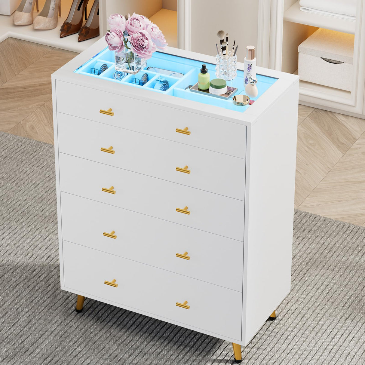 JanflyHome Drawer Dresser with LED Lights, 38" H Tall Tempered Glass Top Dresser, Modern White Wood Chest of Drawers with Jewelry Organizer & Jewelry Display for Bedroom, Living Room, White JanflyHome