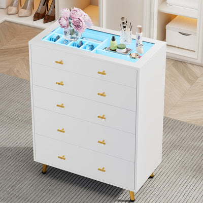 JanflyHome Drawer Dresser with LED Lights, 38" H Tall Tempered Glass Top Dresser, Modern White Wood Chest of Drawers with Jewelry Organizer & Jewelry Display for Bedroom, Living Room, White