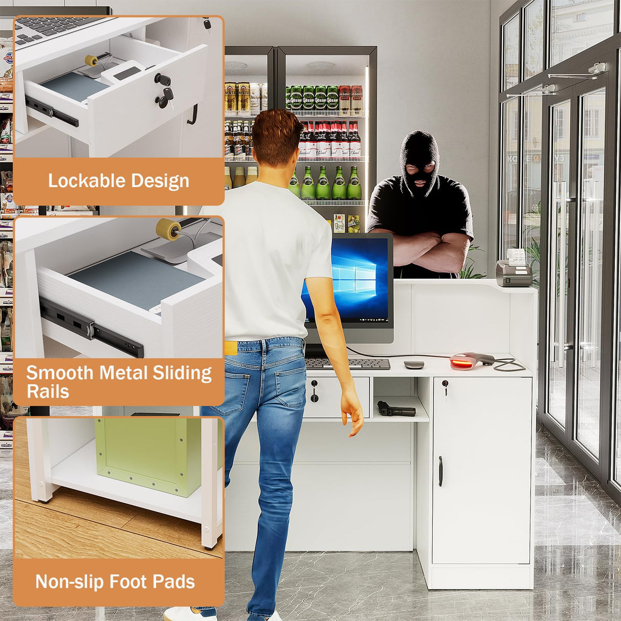 PAKASEPT Modern Reception Desk with LED Lights, 63 Inches Front Counter Table with Lockable Drawer & Shelves, Checkout Counter for Reception Room, Lobby, Beauty Salon, Retail,Office PAKASEPT