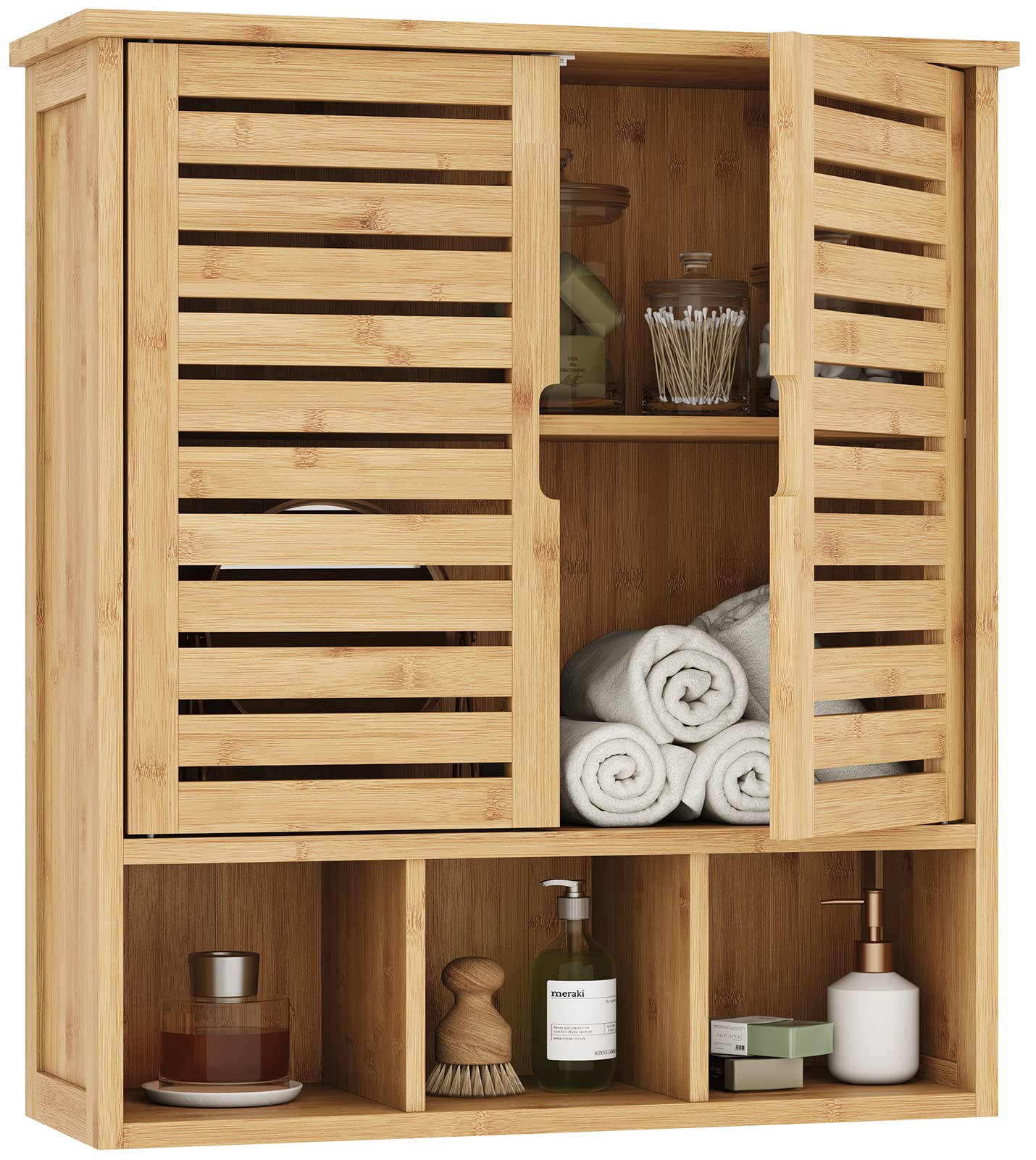 FORABAMB Bathroom Wall Storage Cabinet, Bamboo Medicine Cabinet with Doors and Adjustable Shelves, Bathroom Medicine Cabinet Wall Mount, Wall Mounted Over-The-Toilet Storage Cabinet - WoodArtSupply