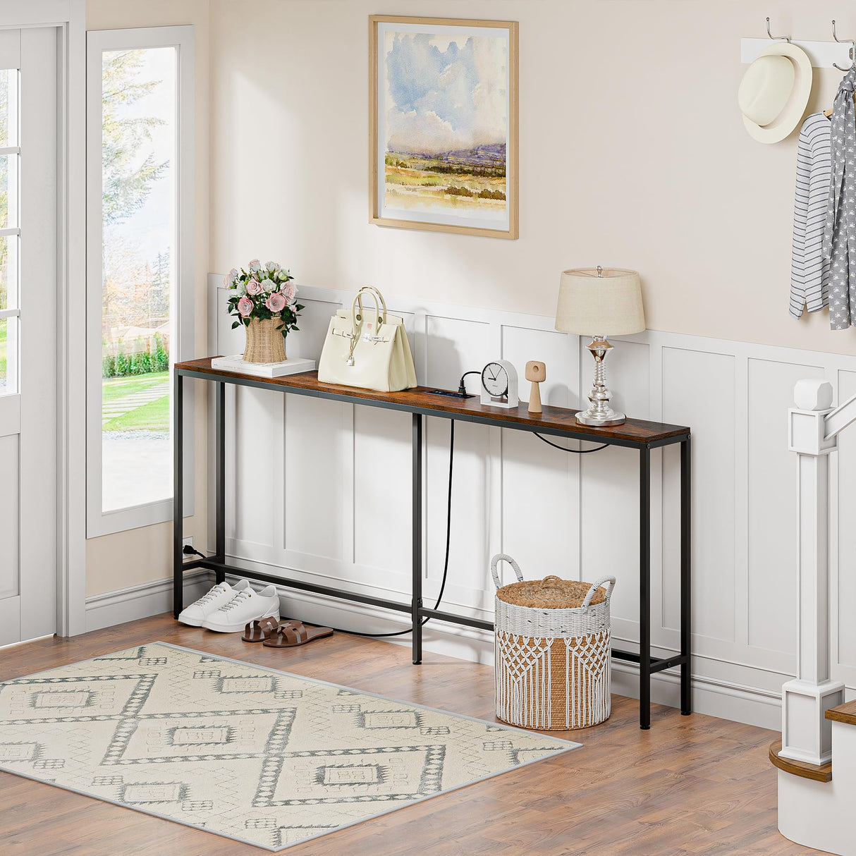 ZENY 70 Inch Console Table with Outlet, Narrow Sofa Table with Charging Station, Long Entryway Table, Hallway Table, Behind Couch Table for Living Room, Entryway, Foyer, Rustic Brown ZENY