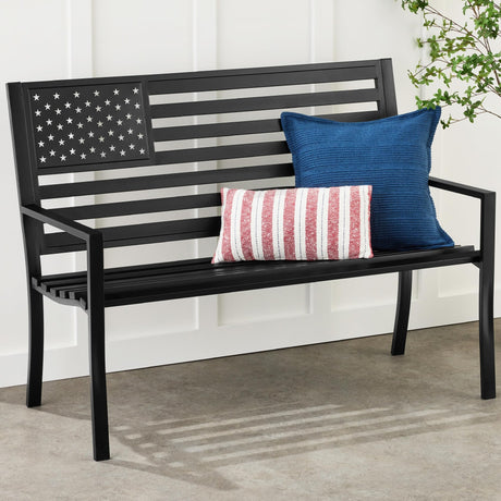 Best Choice Products Outdoor Bench 2-Person Steel Indoor/Outdoor Bench for Garden, Patio, Porch, Entryway w/American Flag, 790lb Capacity – Black Best Choice Products