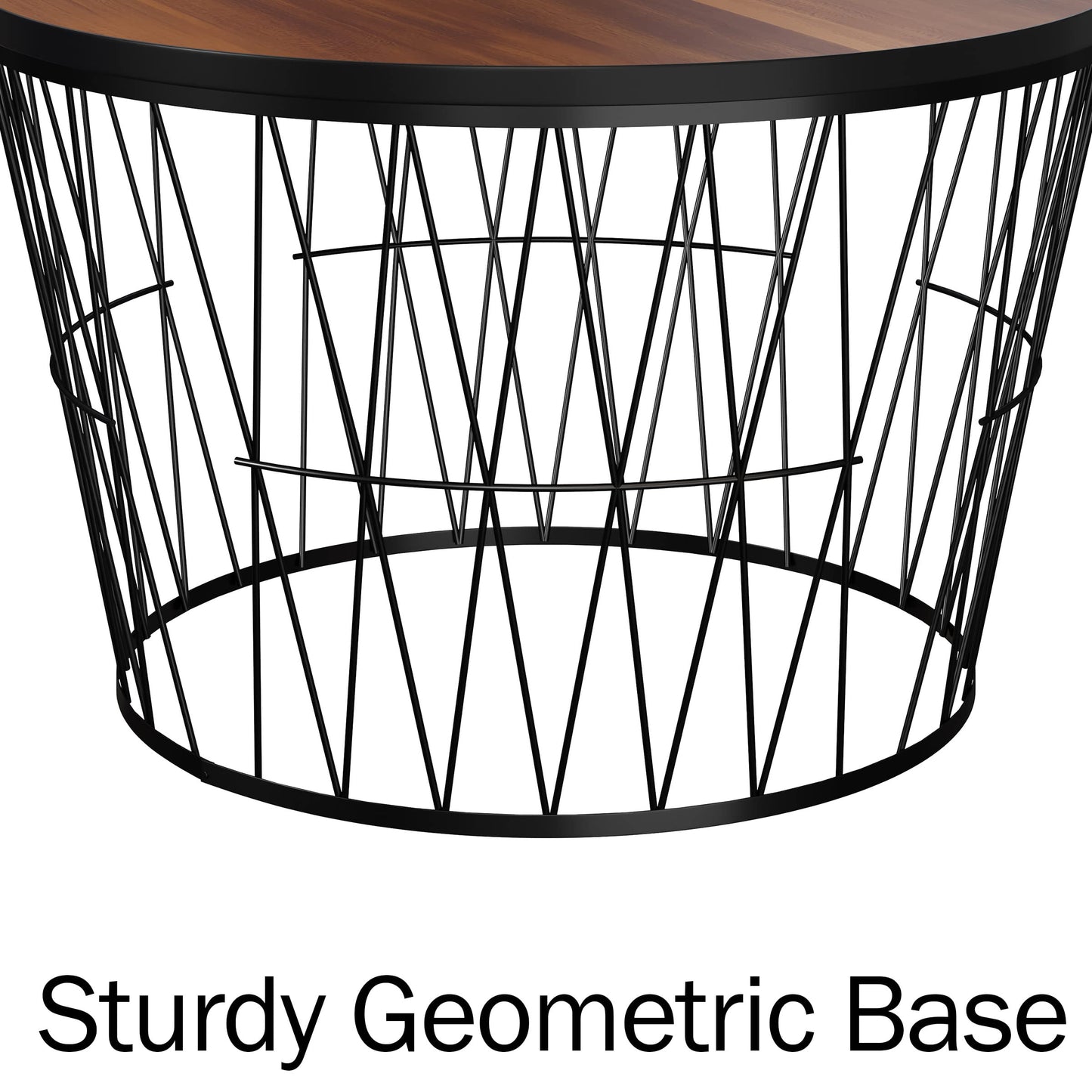 Lavish Home Mid-Century Round Coffee Table with Geometric Metal Base-Small Modern Accent for Living Room, 23.5", Brown Walnut & Black - WoodArtSupply