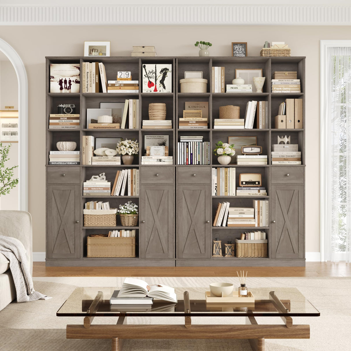 HOSTACK 74" Tall Book Shelf and Bookcase, 45" Wide Bookcase with Doors and Drawers, Modern 6 Tier Bookshelf with Storage, Large Wood Display Cabinet with Adjustable Shelves for Home Office, Ash Grey HOSTACK