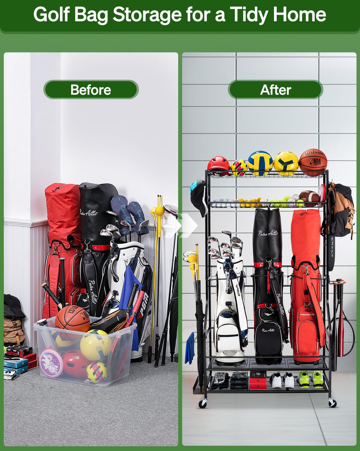 FHXZH Golf Bag Storage Garage Organizer, 3 Golf Bag Stand and Sports Equipment Storage Rack for Garage with Wheels, 4 Hooks, Golf Accessories Storage Rack with Extra Golf Clubs Display Rack FHXZH