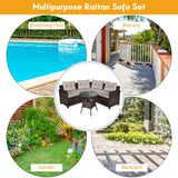HAPPYGRILL 4 Pieces Curved Outdoor Sofa Set Rattan Wicker Patio Furniture Set with Coffee Table & Cushions Modern Conversation Set Curved Sofa Set for Garden Poolside Balcony HAPPYGRILL