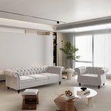 RUSTYER Chesterfield 3 Seater Sofa, Modern Velvet Tufted Couch 3 Seater with Rolled Arms and Nailhead Mid-Century Upholstered Couch for Living Room, Bedroom, Apartment and Office, Grey RUSTYER