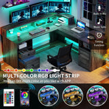 YITAHOME L Shaped Desk with Power Outlets & LED Lights, 60” Corner Computer Desk with Drawers & Lift Top, Home Office Desk with Monitor Stand & File Cabinet, Wood Height Adjustable Desk, Grey YITAHOME