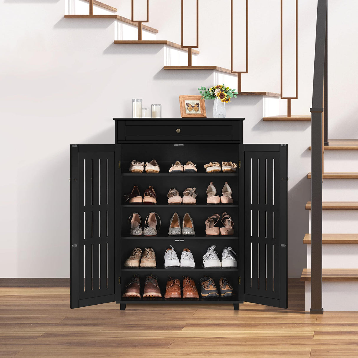 Yaheetech Shoe Cabinet, 5-Tier Shoe Rack Organizer with 1 Drawer, Freestanding Wooden Shoe Storage Cabinet with 2 Louvered Door & Adjustable Shelves for Entryway Hallway, Black Yaheetech