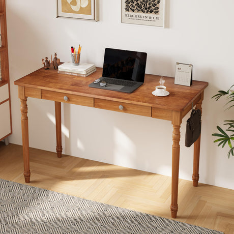 ENPKLUTE 48 Inch Mid Century Modern Desk - Rubber Wood Desk with Drawers, Vintage Desks with 2 Hooks, Mid Century Desks for Bedroom, Living Room & Office, Walnut Color ENPKLUTE