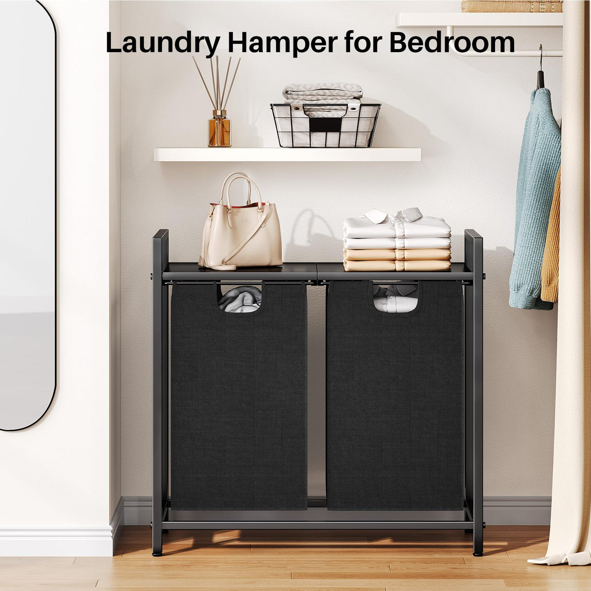 Kitstorack Laundry Basket Organizer, Laundry Hamper with Shelf & 2 Pull-Out Removable Bags, Dirty Clothes Hamper Organizer for Laundry Room Bathroom and Dorm, 2 x 11.8 gallons (44.5L) Kitstorack