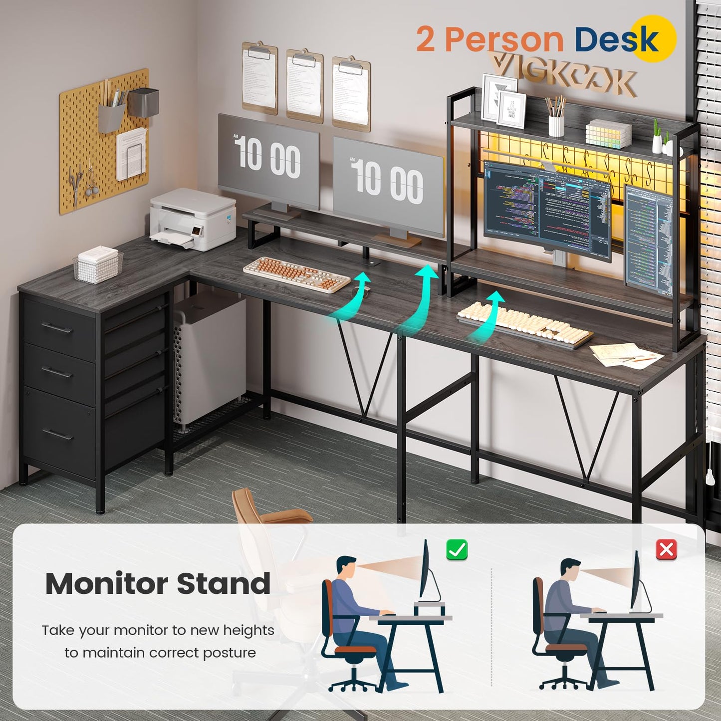 VIGKOOK U Shaped Gaming Desk with Hutch, 98.4in Reversible L Shaped Computer Desk with Power Outlets, Home Office Desk LED Light, Monitor Stand 3 Drawers Shelves Pegboard 6 Hooks (Grey) - WoodArtSupply