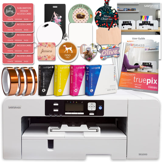 Sawgrass UHD Virtuoso SG1000 Sublimation Printer Starter Bundle with Inks, Sublimation Paper, Tape, Blanks, Designs and Access to Exclusive Content, White, 11'' x 17''