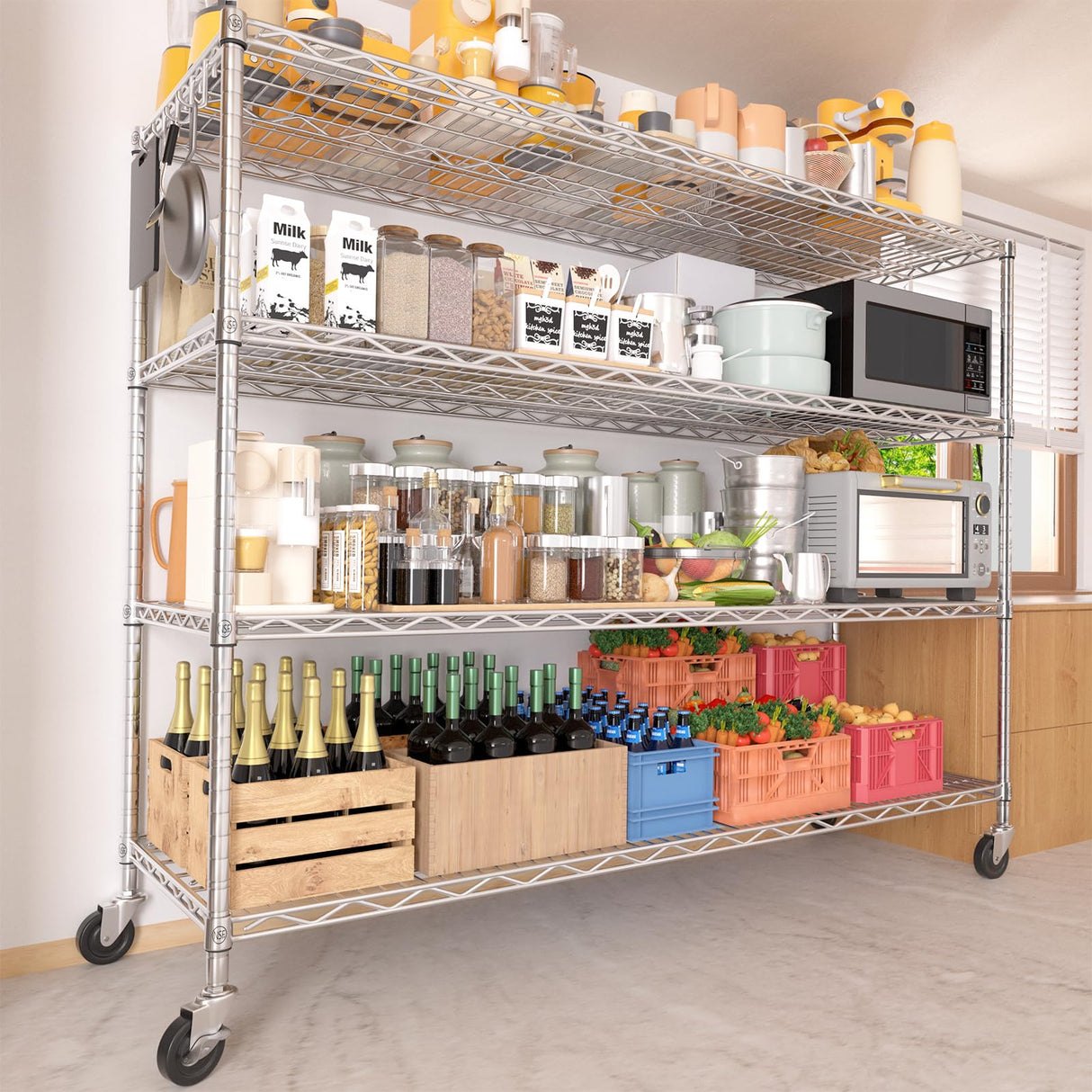PrimeZone 4 Tier 55.5" Wx24 Dx76 H Wire Shelving with Wheels 2400lbs NSF Certified Storage Shelves Heavy Duty Metal Shelf Adjustable Rolling Rack Commercial Garage Restaurant Warehouse Kitchen Chrome PrimeZone