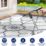 9x12Ft Outdoor Rug, Solar Powered Outdoor Rug with 131LEDs Strip Lights for House Deck, Waterproof Plastic Reversible Outdoor Straw Rugs, Rugs Mat RV Camping Patio Beach Balcony Picnic (Blue White) Capybland