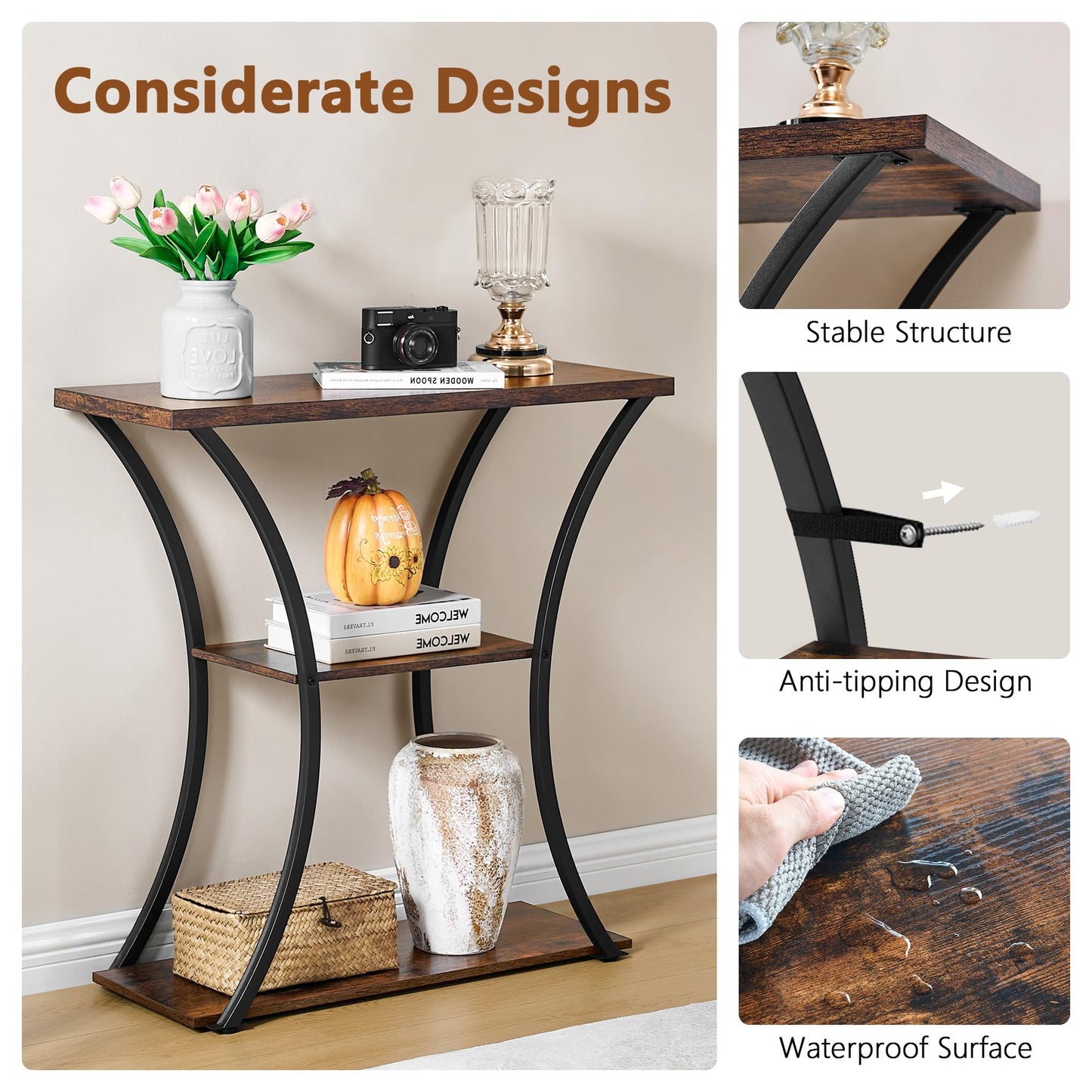 Hoctieon 3 Tier Console Table with Open Wood Shelves, Decorative Entryway Table with Curved Metal Frames, Narrow Sofa Table for Entrance, Living Room, Hallway, Rustic Brown+Black