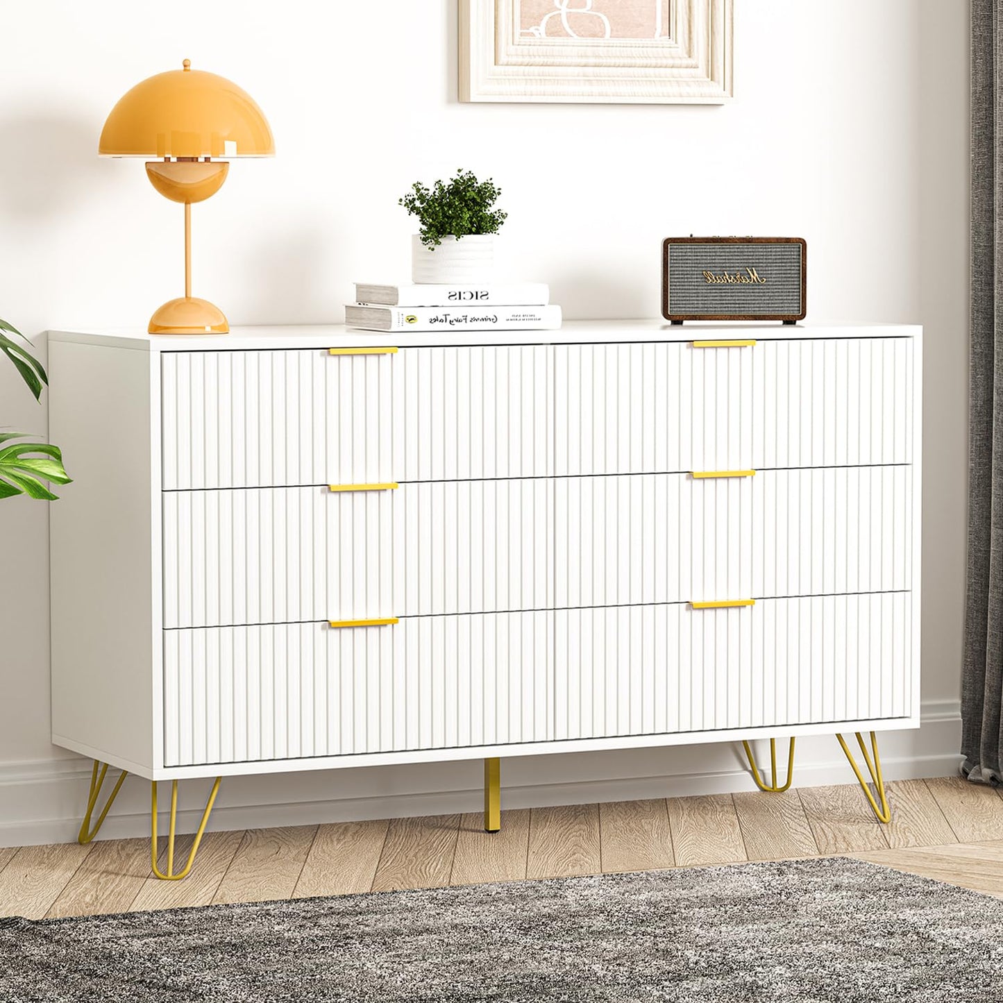 FURNIWAY White Dresser, Modern 6-Drawer Dresser for Bedroom with Gold Handles, Wide Chest of Drawers for Living Room