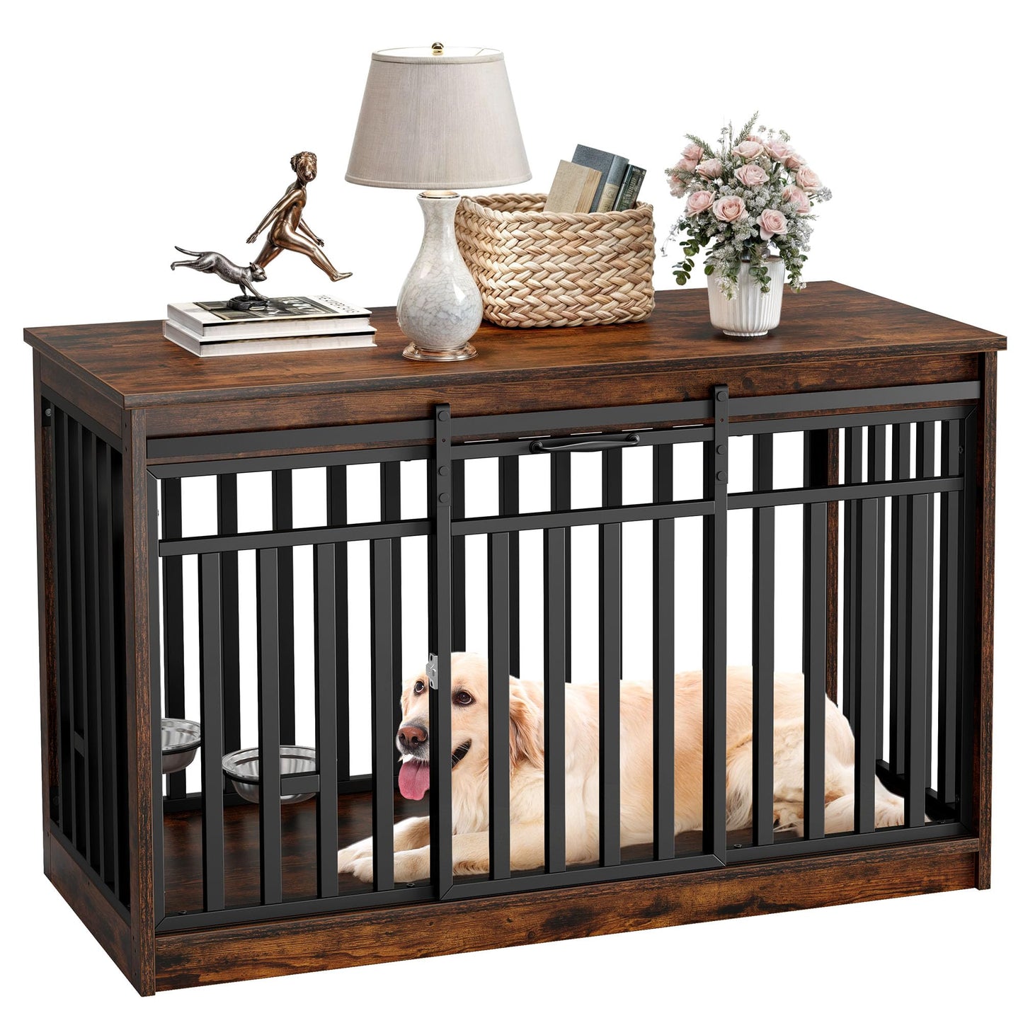 DWVO 47" Large Dog Crate Furniture, Heavy Duty Metal Dog Kennel TV Stand with Sliding Doors, Wooden Dog Cage Table with Dog Bowl for Extra Large Medium Dogs or 2 Small Dogs, Rustic Brown