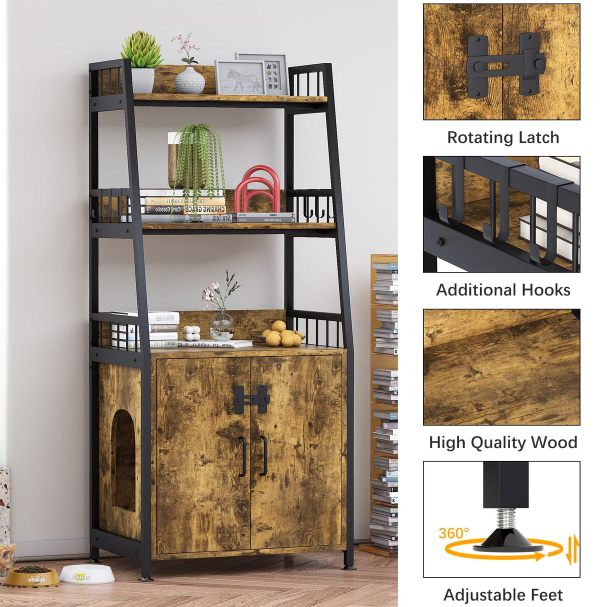 Katrawu Litter Box Enclosure with Shelves, Hidden Cat Enclosure Furniture,2-in-1 Tall Cat Litter Box Cabinet,Cat Washroom with Free Cat Scratch Pad,Rustic Brown 52in H Katrawu