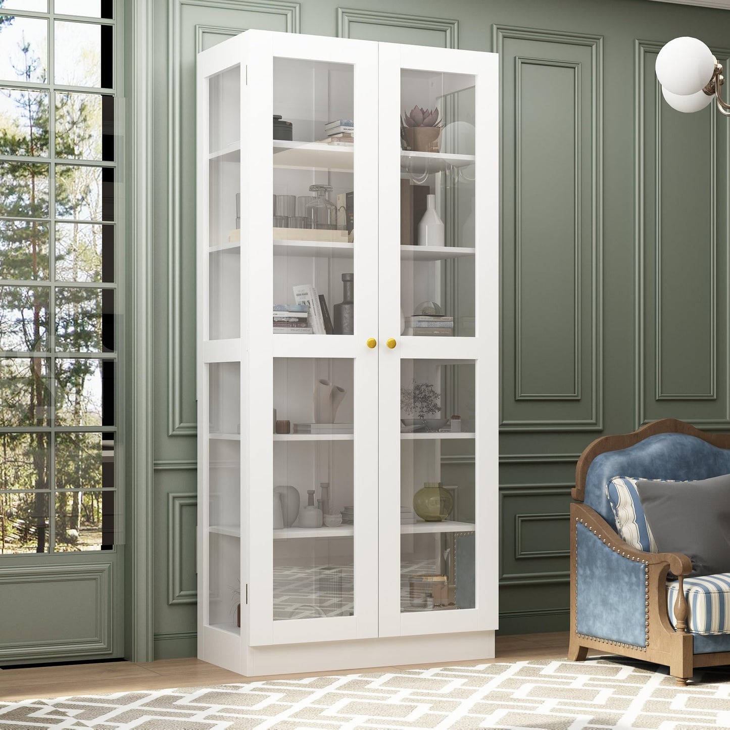 Homsee 6-Tier Tall Bookcase with Glass Doors - Modern Wooden Storage Cabinet in White - WoodArtSupply