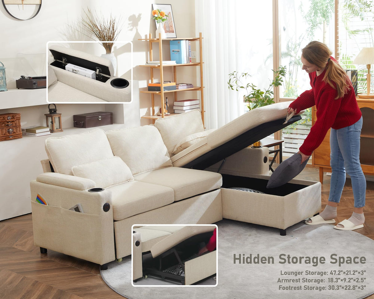 DURASPACE Sofa Bed Sleeper Pull Out 2 in 1 Sectional Sleeper Sofa Couches with Storage,USB, Cup Holder,Pullout Sectional Couches for Apartment Living Room (Beige) DURASPACE