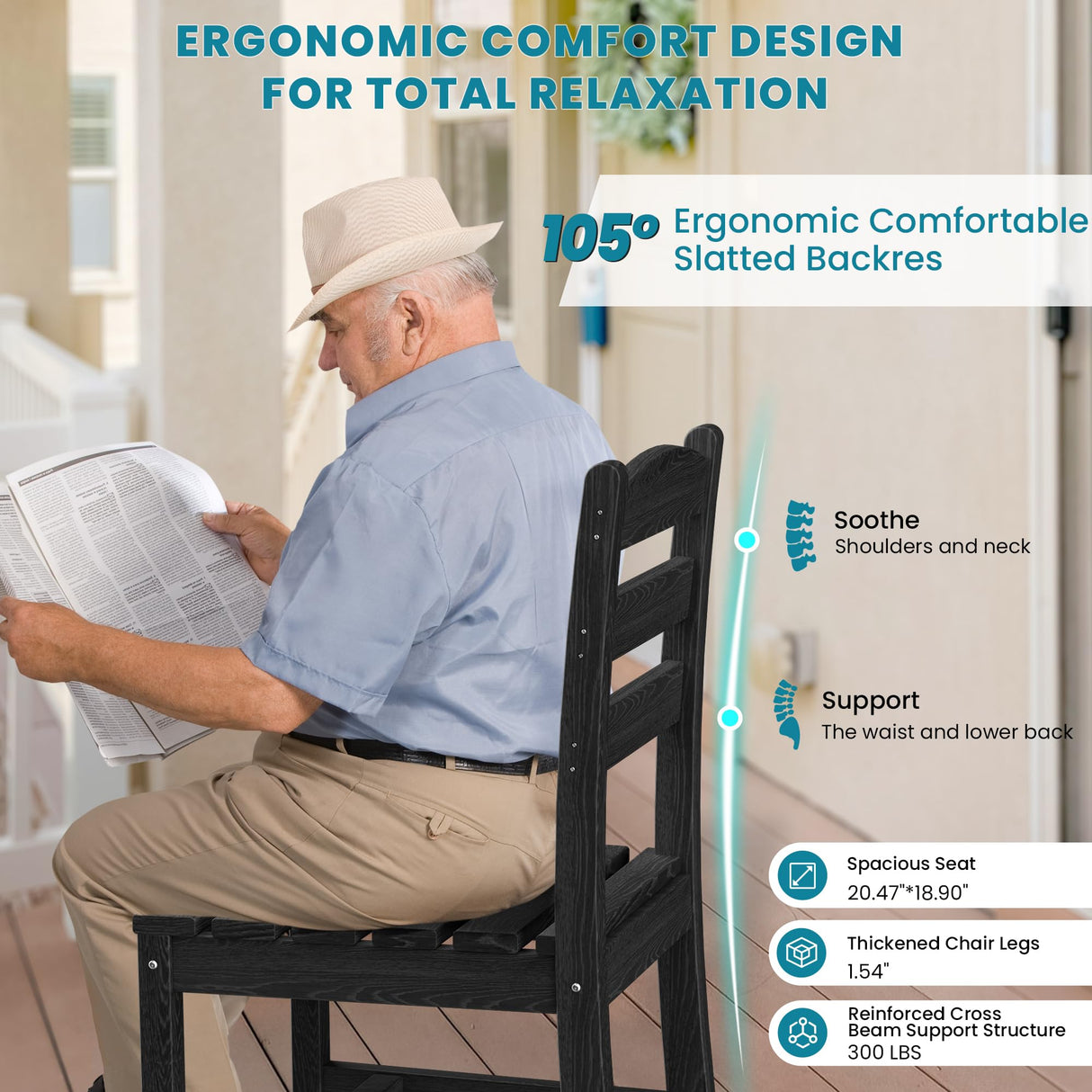 PamapicLife 5 Piece Round Outdoor Dining Set, Relaxing HDPE Outdoor Table and Chairs with 105° Ergonomic Backrest, All-Weather Patio Table and Chairs Set with Umbrella Hole for Porch, Poolside, Black PamapicLife