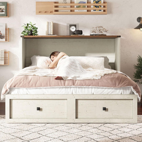 AMERLIFE Queen Murphy Bed with Storage & Charging Station, Farmhouse Murphy Cabinet with Foldable Panel, Noisy Free, for Guest Bedroom, Living Room, Office, Distressed White & Barnwood AMERLIFE
