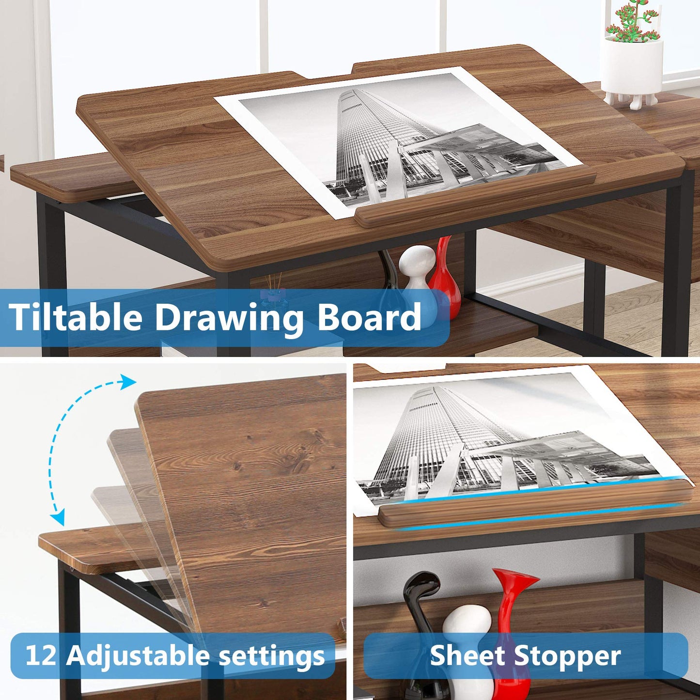 Tribesigns Drafting Table with Storage Drawers, Drawing Computer Desk Artist Craft Table Painting Desk Workstation with Shelves and Tiltable Tabletop for Students, Home Office