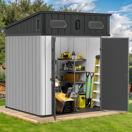 DWVO 6x6 FT Outdoor Storage Shed, All-Weather Resin Garden Tool Shed with Floor & Lockable Door, Plastic Outside Tool Garden Shed with Windows & Vents for Backyard Garden Patio Lawn, Black&Gray DWVO