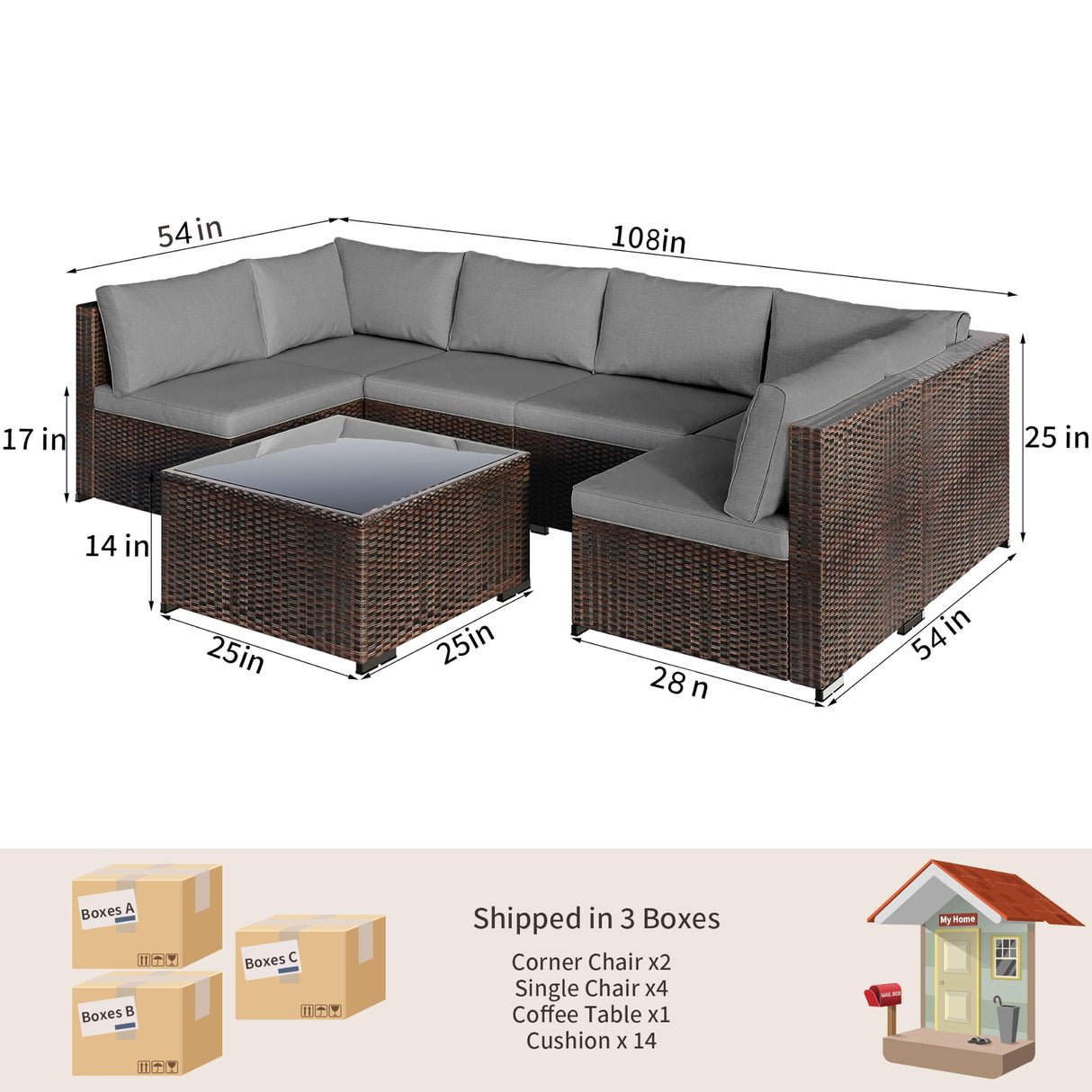 Qsun 7 Pieces Patio Furniture Set, Outdoor Sectional Rattan Sofa Set, Wicker Patio Conversation Set with Cushions and Glass Coffee Table, for Balcony, Porch, Garden, Grey Qsun