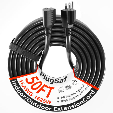 PlugSaf Black Outdoor Extension Cord 50 ft 16/3 Gauge Waterproof, Cold Weatherproof -58°F, Flame Retardant, Flexible 3 Prong Heavy Duty Electric Cord for Lawn Office,13A 1625W 16AWG SJTW, ETL Listed PlugSaf