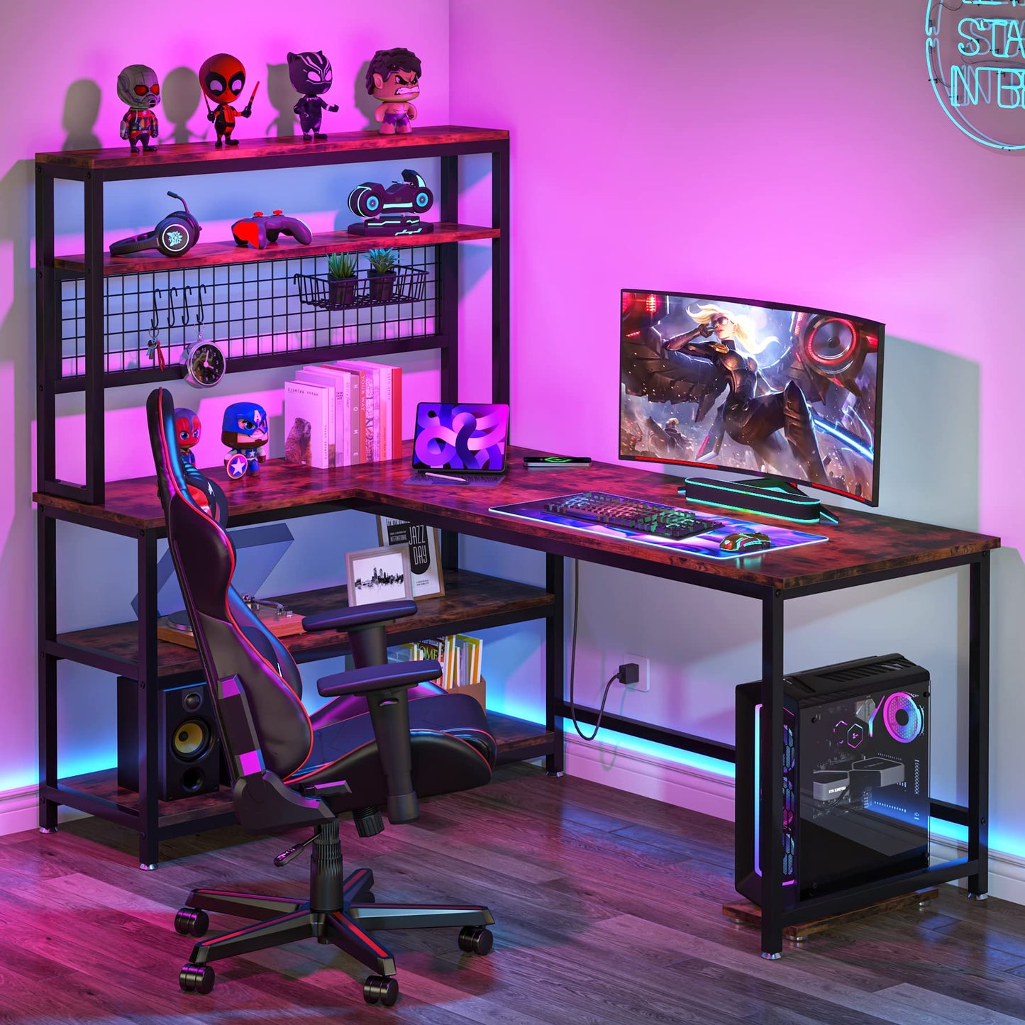 Tribesigns 55" L-Shaped Computer Desk with Wireless Charging and 5 Storage Shelves for Home Office - WoodArtSupply