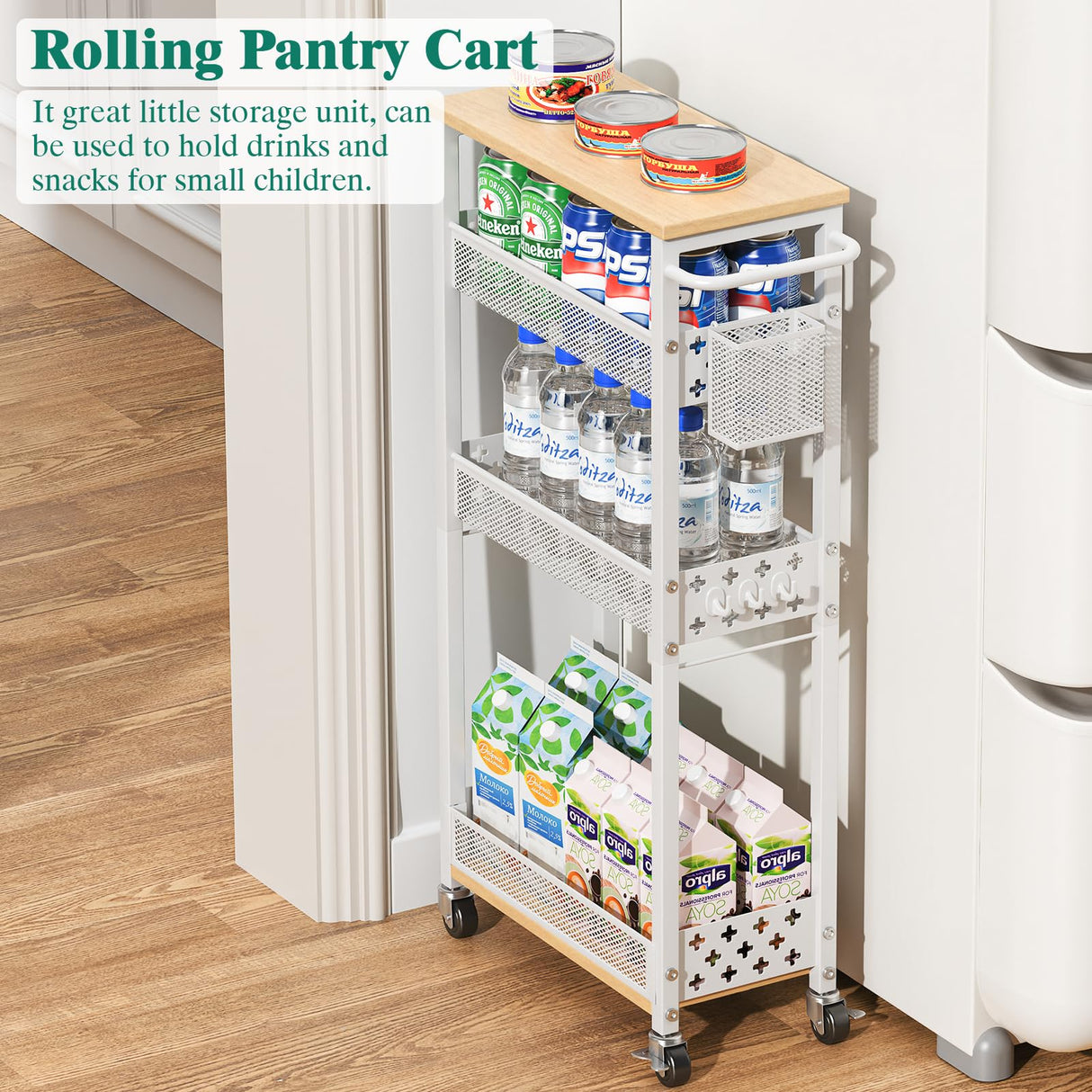 Slim Storage Cart 4 Tier Laundry Cart with Wheels, Narrow Metal Kitchen Rolling Carts Bathroom Organizers Storage Shelf with Wood Rack and Handle for Small Space XYZLVSI