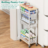 Slim Storage Cart 4 Tier Laundry Cart with Wheels, Narrow Metal Kitchen Rolling Carts Bathroom Organizers Storage Shelf with Wood Rack and Handle for Small Space XYZLVSI
