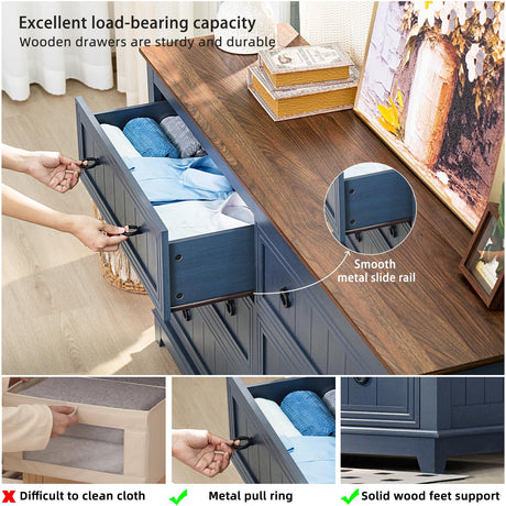 Joaxswe Farmhouse 6 Drawers Dresser for Bedroom, 58 Inch Wide Wood Dresser Chest of Drawers, Vintage Design TV Stand, Rustic Storage Dressers Organizer for Bedroom, Living Room, Hallway - Blue Joaxswe