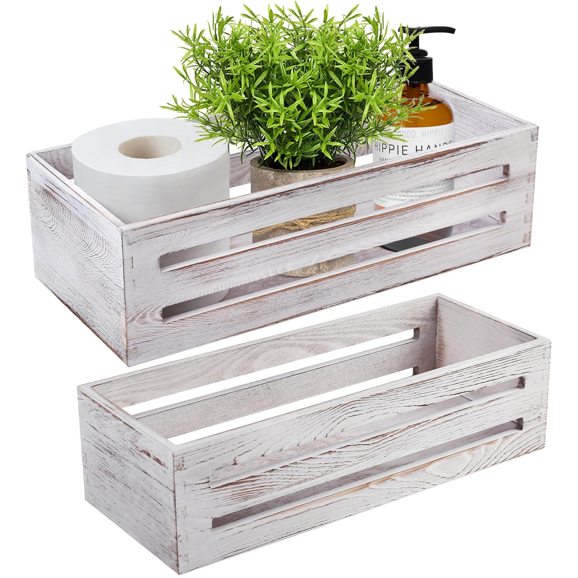 LotFancy Bathroom Decor Box, 2 Pack Wooden Toilet Paper Holder, White Toilet Storage Basket for Back of Toilet, Farmhouse Toilet Tank Topper - WoodArtSupply