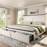 Homkdom King Size Bed Frame with Tall Headboard,Bed Frame King with Storage,2 Drawers,Farmhouse,Wooden,No Noise,No Box Spring Needed,White Homkdom